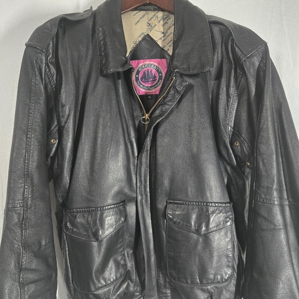 Vintage Burks Bay Leather Bomber Jacket Men's M Black Aviator Full Zip Flight